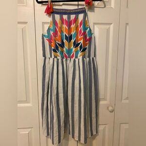 THML Girls White & Blue Striped Dress with Multicolor Embroidered Front